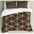 thumbnail image 1 of African Queen Size Duvet Cover Set, Grunge Triangle Design Colorful Geometric Mosaic Traditional Batik Pattern Retro, Decorative 3 Piece Bedding Set with 2 Pillow Shams, Multicolor, by Ambesonne, 1 of 3