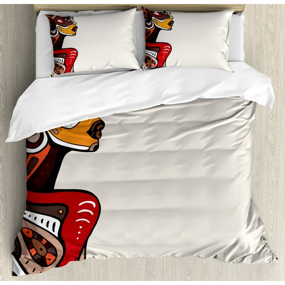 African Queen Size Duvet Cover Set, Profile of African Beauty Totem Ethno Fashion Girl with Mask Tattoos Illustration, Decorative 3 Piece Bedding Set with 2 Pillow Shams, Multicolor, by Ambesonne