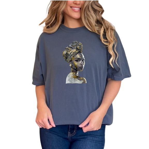 African Queen T-Shirt, Artistic Portrait Tee, Woman with Headwrap, Fashion Graphic Top, Trendy Casual Wear, Unique Gift Idea, Stylish Shirt, Denim Comfort Colors T-Shirt, Large