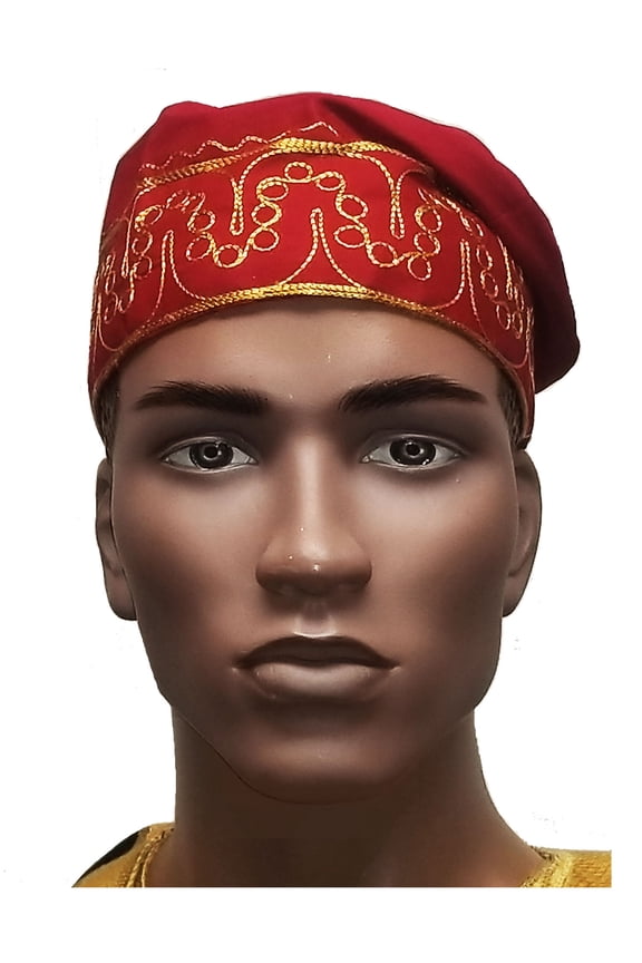 African Red Kufi Hat with Gold Embroidery