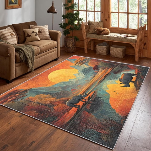 African Rhino Sunset Area Rug, Wildlife Animal Pattern Carpet, Washable Non Slip Low Pile Soft Thin, Living Room Bedroom Study Office Entrance Home Decor Mat 5x8ft