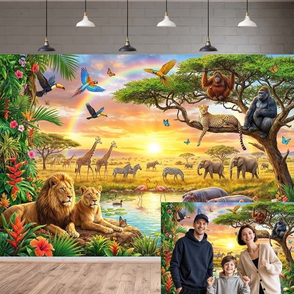 African Safari Animals Backdrop, Jungle Wildlife Sunset Rainbow Photography Background, Tropical Forest Savannah Nature Scene Banner, Birthday Party Baby Shower Photo Booth Studio Decor, 7x5ft