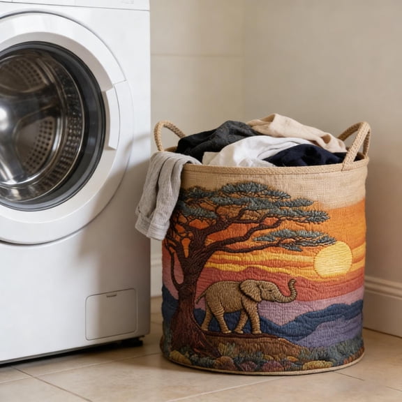 African Safari Elephant Quilted Laundry Hamper - Polyester Fabric Storage Basket - Versatile Organizer for Clothes, Blankets, and Toys
