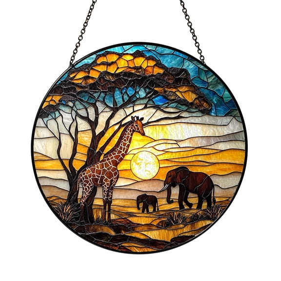 African Safari Giraffe Elephant Window Suncatcher Hanging Decor, Stained Glass Style Wildlife Decorative Panel Art for Window Decoration Nature Inspired Home Decor