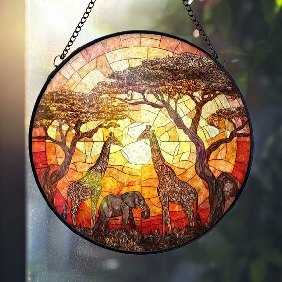 African Safari Glass Suncatcher, Giraffe and Elephant Window Hanging Sunset Wildlife Nature, 3.5 in
