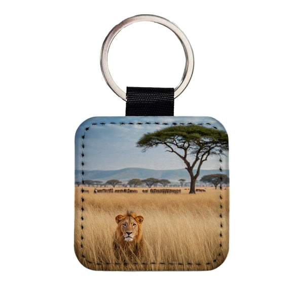 African Safari Lion Faux Leather Square Keychain