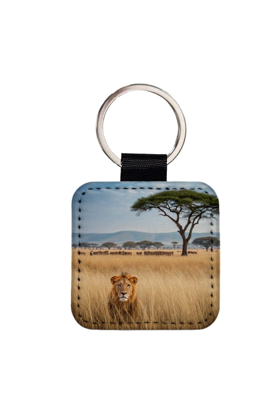 African Safari Lion Faux Leather Square Keychain