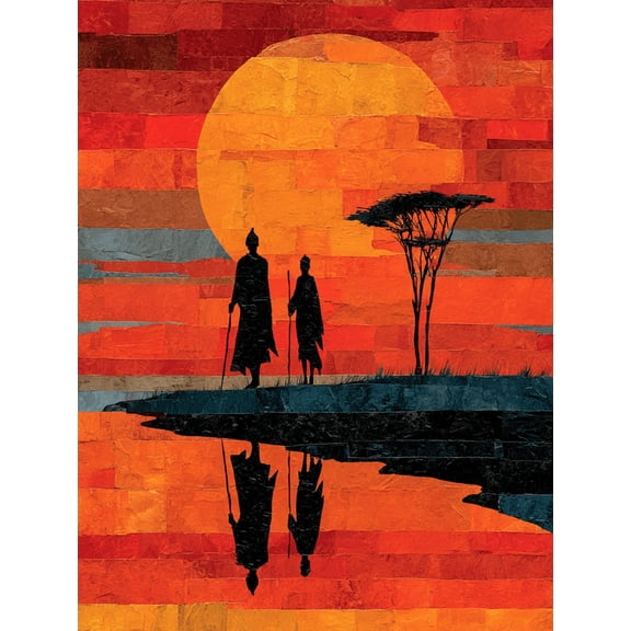 African Safari Silhouette Canvas Wall Art, Afrocentric Golden Landscape, Cultural Home Decor