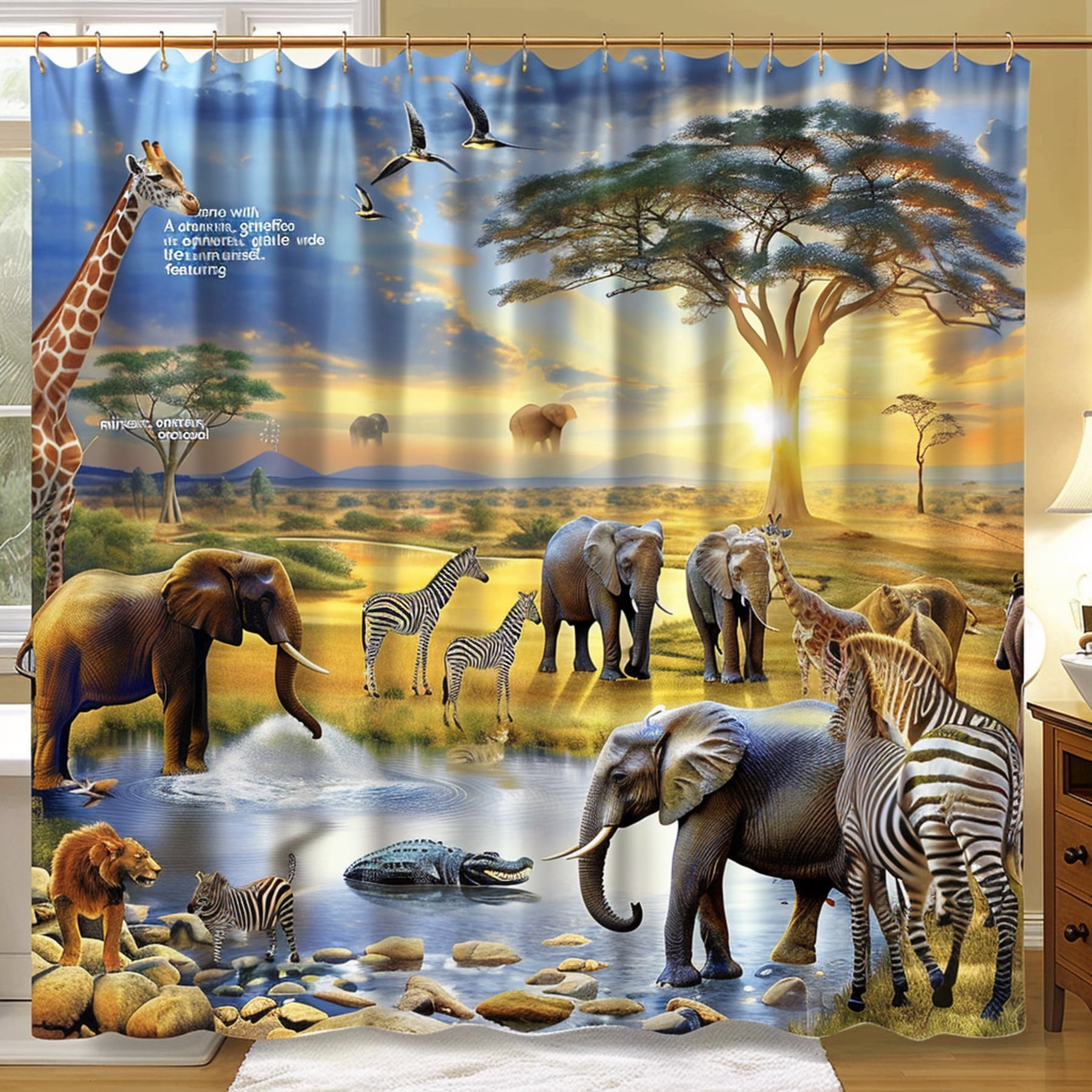 African Safari Sunset Shower Curtain Elephants Giraffes Zebras Lions ...