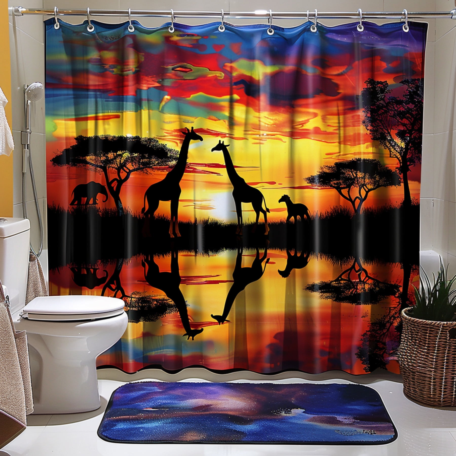 African Safari Sunset Shower Curtain Giraffes Elephants Acacia Trees