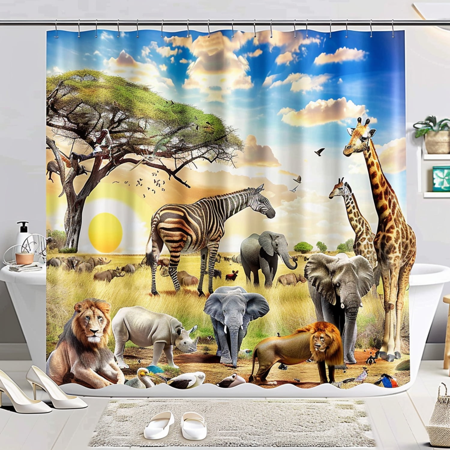 African Safari Wildlife Shower Curtain Set Giraffe Elephant Zebra Lion ...
