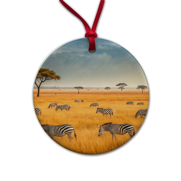 African Safari Zebras Christmas Tree Holiday Round Ceramic Ornament