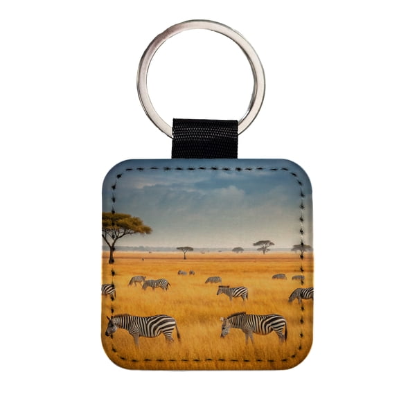 African Safari Zebras Faux Leather Square Keychain