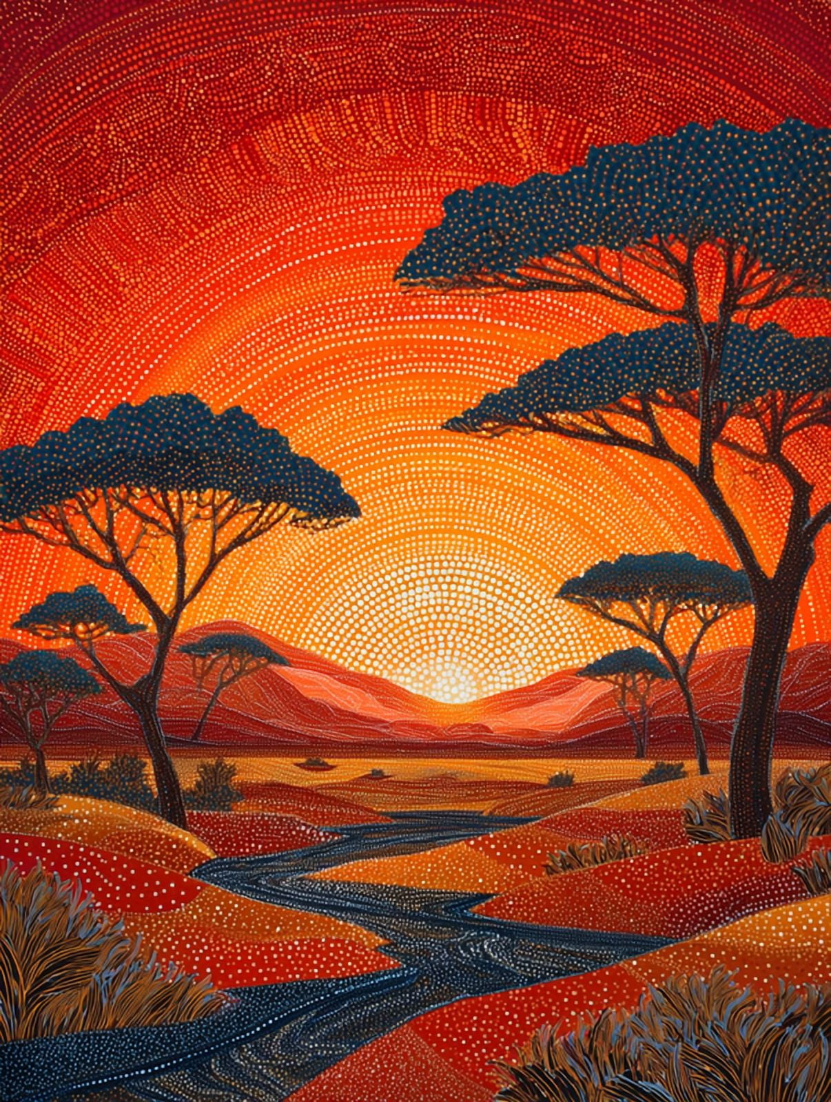African Savanna Sunset Dot Art Canvas Print, Wall Decor for Living Room ...