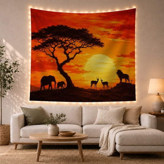 African Savanna Sunset With Elephant Silhouettes Majestic Illustration for Wildlife Enthusiasts, Safari Wall Art Decor, Housewarming Gift, Tapestry Wall Hanging for Living Room and Bedroom