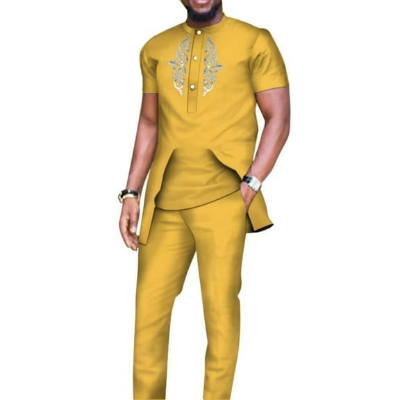 African Shirts and Pants for Men 2 Pieces Set Long Sleeve Matching Applique African Dashiki Mens Outfits Slim Fits