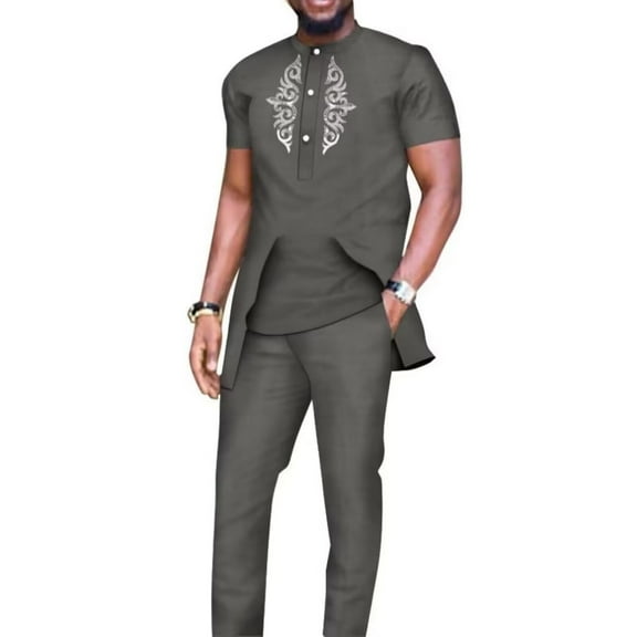 African Shirts and Pants for Men 2 Pieces Set Long Sleeve Matching Applique African Dashiki Mens Outfits Slim Fits