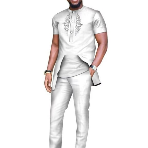 African Shirts and Pants for Men 2 Pieces Set Long Sleeve Matching Applique African Dashiki Mens Outfits Slim Fits