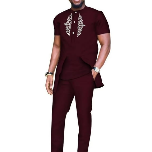 African Shirts and Pants for Men 2 Pieces Set Long Sleeve Matching Applique African Dashiki Mens Outfits Slim Fits