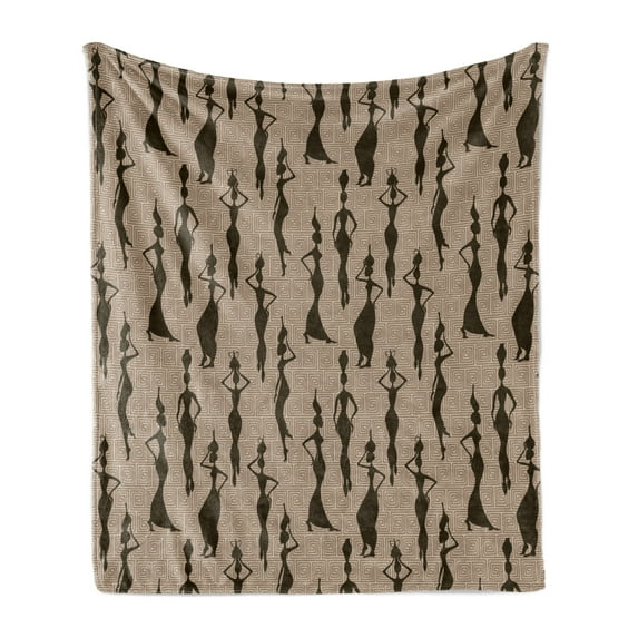 African Soft Flannel Fleece Blanket, Woman of Color Carrying Water Vases Oriental Culture Silhouette Pattern, Cozy Plush for Indoor and Outdoor Use, 70" x 90", Beige Tan Dark Brown, by Ambesonne