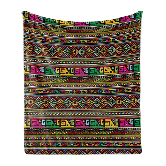 African Soft Flannel Fleece Throw Blanket, Ancestral Borders in Lively Colors Geometric Indigenous Culture Art Design, Cozy Plush for Indoor and Outdoor Use, 50" x 70", Multicolor, by Ambesonne