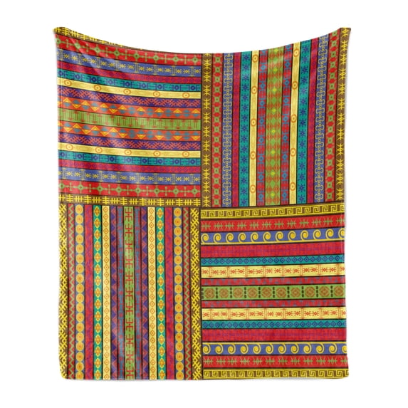 African Soft Flannel Fleece Throw Blanket, Borders Pattern Old Fashioned Culture Theme Colorful Print, Cozy Plush for Indoor and Outdoor Use, 70" x 90", Multicolor, by Ambesonne