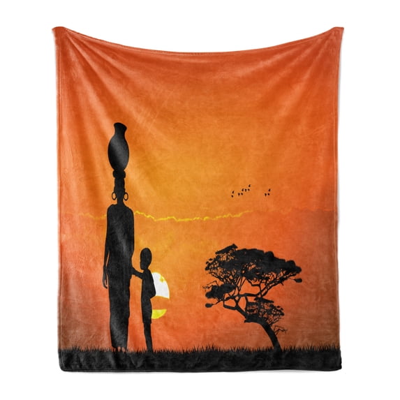 African Soft Flannel Fleece Throw Blanket, Child and Mother at Sunset Walking in Savannah Desert Dawn Kenya Nature Image, Cozy Plush for Indoor and Outdoor Use, 60" x 80", Orange Black, by Ambesonne