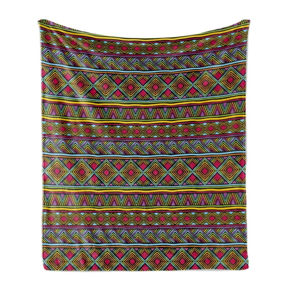 African Soft Flannel Fleece Throw Blanket, Colorful Diamond Motifs with Angled Lines Lively Palette Geometric Borders, Cozy Plush for Indoor and Outdoor Use, 50" x 70", Multicolor, by Ambesonne