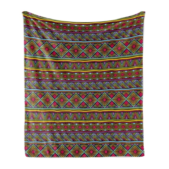 African Soft Flannel Fleece Throw Blanket, Colorful Diamond Motifs with Angled Lines Lively Palette Geometric Borders, Cozy Plush for Indoor and Outdoor Use, 70" x 90", Multicolor, by Ambesonne