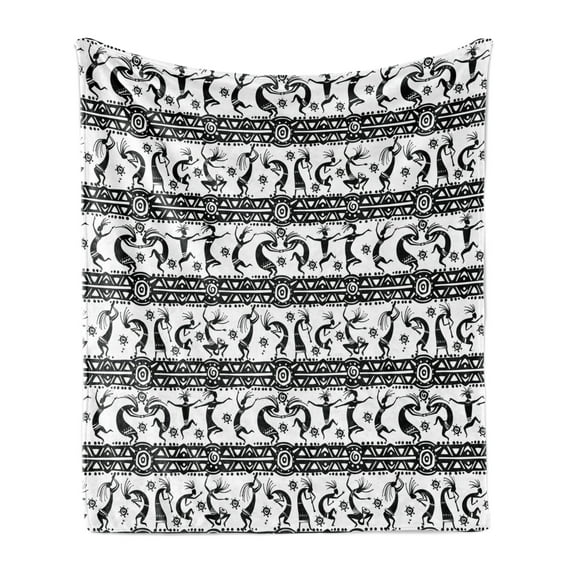 African Soft Flannel Fleece Throw Blanket, Dancing Oriental Ornate Design Elements Folkloric Vintage Design, Cozy Plush for Indoor and Outdoor Use, 60" x 80", Black White, by Ambesonne