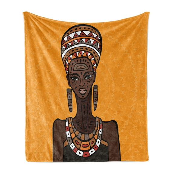 African Soft Flannel Fleece Throw Blanket, Ethnographic Artwork Tribe Woman Long Neck Folk on Mandala, Cozy Plush for Indoor and Outdoor Use, 60" x 80", Multicolor, by Ambesonne