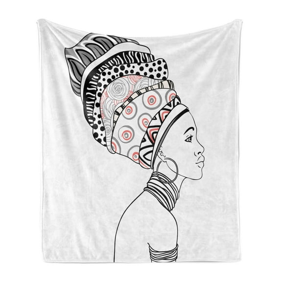 African Soft Flannel Fleece Throw Blanket, Exotic Safari Lady in Boho Turban Glamour Folkloric Fashion Design Print, Cozy Plush for Indoor and Outdoor Use, 60" x 80", Grey White, by Ambesonne