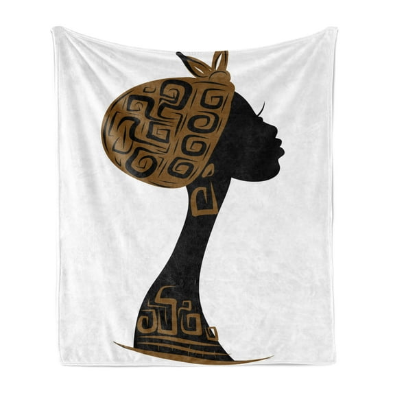 African Soft Flannel Fleece Throw Blanket, Face Profile Silhouette Woman Headscarf Art Folk Elements, Cozy Plush for Indoor and Outdoor Use, 70" x 90", Brown Black White, by Ambesonne