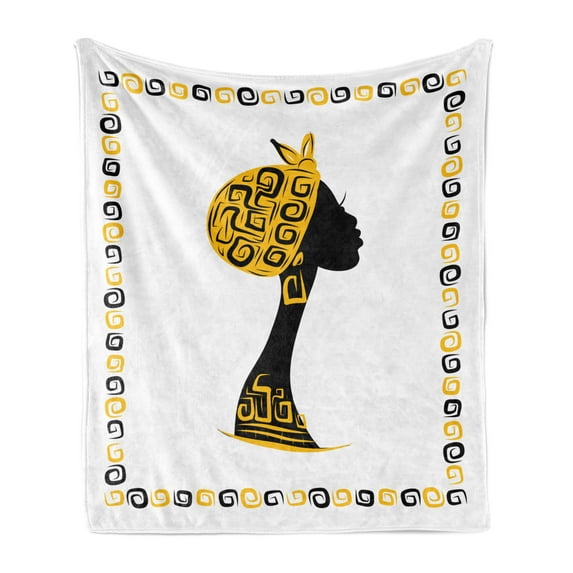 African Soft Flannel Fleece Throw Blanket, Female Head Portrait in Frame with Ornament Lines Design, Cozy Plush for Indoor and Outdoor Use, 60" x 80", Black Earth Yellow, by Ambesonne