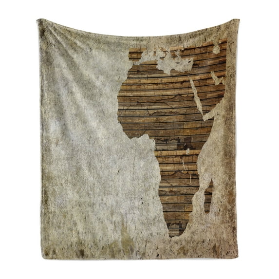African Soft Flannel Fleece Throw Blanket, Geography Theme Grunge Vintage Wooden Plank and Map Digital Print, Cozy Plush for Indoor and Outdoor Use, 60" x 80", Tan Umber and Brown, by Ambesonne