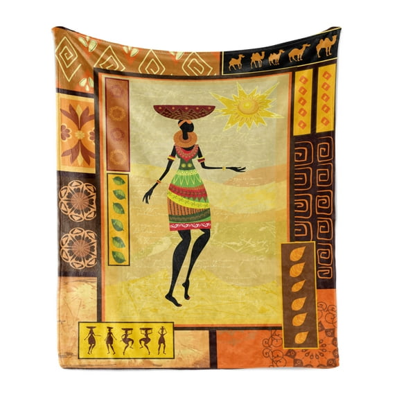 African Soft Flannel Fleece Throw Blanket, Girl Dressed in Under Sun Folk Culture Inspirations, Cozy Plush for Indoor and Outdoor Use, 50" x 60", Multicolor, by Ambesonne