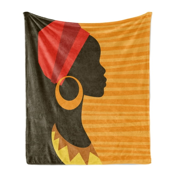 African Soft Flannel Fleece Throw Blanket, Girl Profile Silhouette Earrings Feminine Grace Image, Cozy Plush for Indoor and Outdoor Use, 50" x 60", Dark Brown and Marigold, by Ambesonne