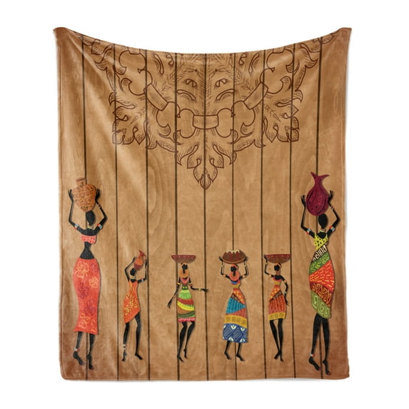 African Soft Flannel Fleece Throw Blanket, Girls Vintage Wooden Texture Female Fashion Art Concept, Cozy Plush for Indoor and Outdoor Use, 50" x 70", Multicolor, by Ambesonne