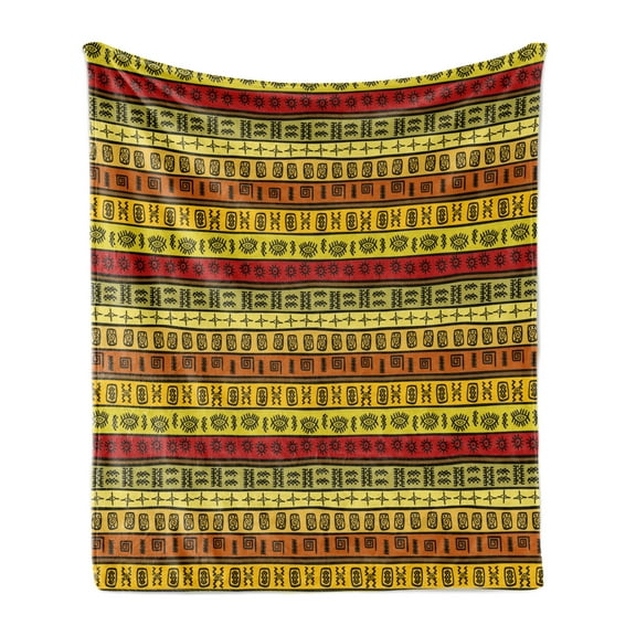 African Soft Flannel Fleece Throw Blanket, Hand Drawn Pattern Abstract Geometric Striped Illustration, Cozy Plush for Indoor and Outdoor Use, 60" x 80", Multicolor, by Ambesonne