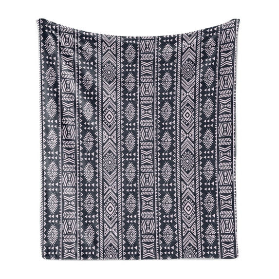 African Soft Flannel Fleece Throw Blanket, Inspirations Meet with Country Art Design Vertical Borders, Cozy Plush for Indoor and Outdoor Use, 60" x 80", Cadet Blue White, by Ambesonne