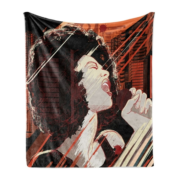 African Soft Flannel Fleece Throw Blanket, Jazz Singer Woman Performing on the Grunge Background Musical Sound Illustration, Cozy Plush for Indoor and Outdoor Use, 50" x 70", Black Red, by Ambesonne