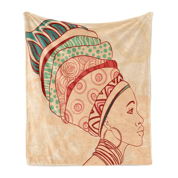 African Soft Flannel Fleece Throw Blanket, Local Female Portrait with Necklace Earring and Turban Ornaments, Cozy Plush for Indoor and Outdoor Use, 50" x 60", Peach Red Teal, by Ambesonne
