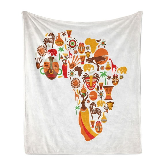 African Soft Flannel Fleece Throw Blanket, Map Different Famous and Savannah Style Artwork, Cozy Plush for Indoor and Outdoor Use, 50" x 60", Orange Brown, by Ambesonne