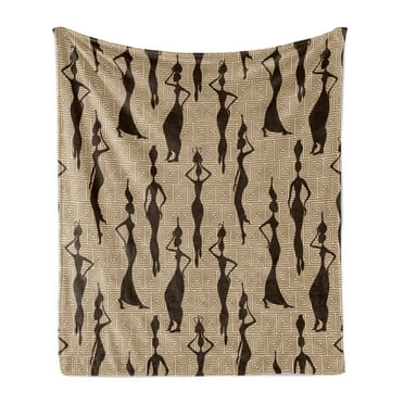 African Soft Flannel Fleece Throw Blanket, Modern Pattern with Women Silhouette Geometric Curvy Forms and Stripes, Cozy Plush for Indoor and Outdoor Use, 50" x 60", Brown and Tan, by Ambesonne