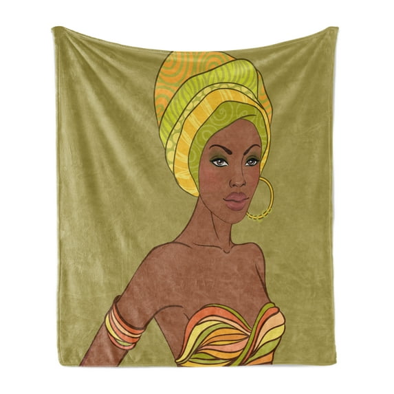 African Soft Flannel Fleece Throw Blanket, Native Fashion Lady Portrait Dress Earring Turban Make Hand Drawn Illustration, Cozy Plush for Indoor and Outdoor Use, 70" x 90", Multicolor, by Ambesonne