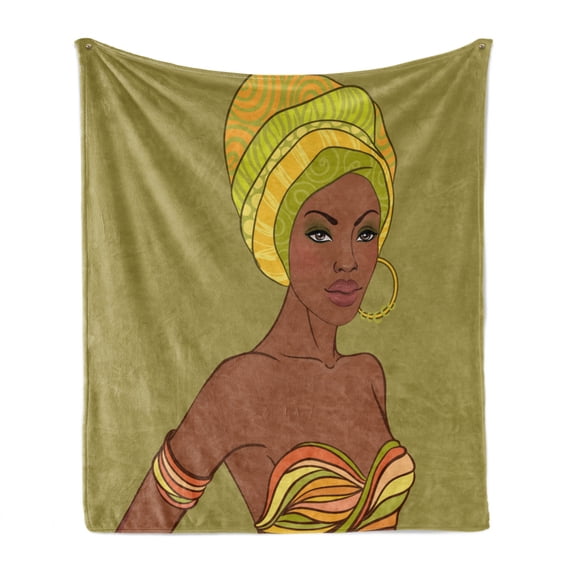 African Soft Flannel Fleece Throw Blanket, Native Fashion Lady Portrait Dress Earring Turban Make Hand Drawn Illustration, Cozy Plush for Indoor and Outdoor Use, 60" x 80", Multicolor, by Ambesonne
