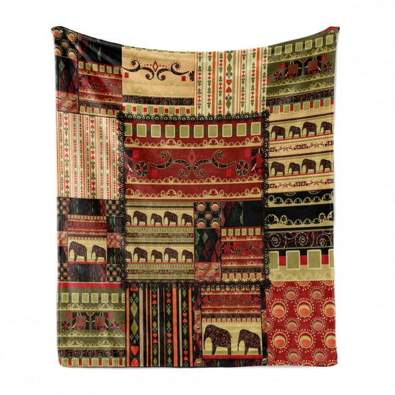 African Soft Flannel Fleece Throw Blanket, Patchwork Style Pattern withand Cultural Motifs Print, Cozy Plush for Indoor and Outdoor Use, 70" x 90", Red Green Black, by Ambesonne