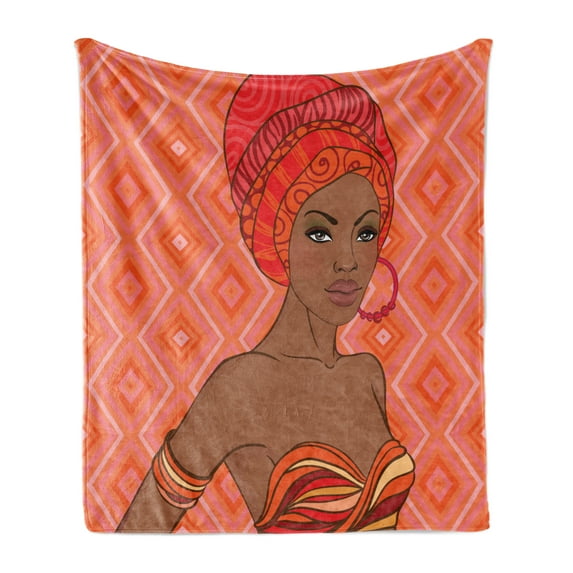 African Soft Flannel Fleece Throw Blanket, Portrait of Woman in Dress Zulu Inspired Graphic Print, Cozy Plush for Indoor and Outdoor Use, 50" x 70", Scarlet Umber, by Ambesonne