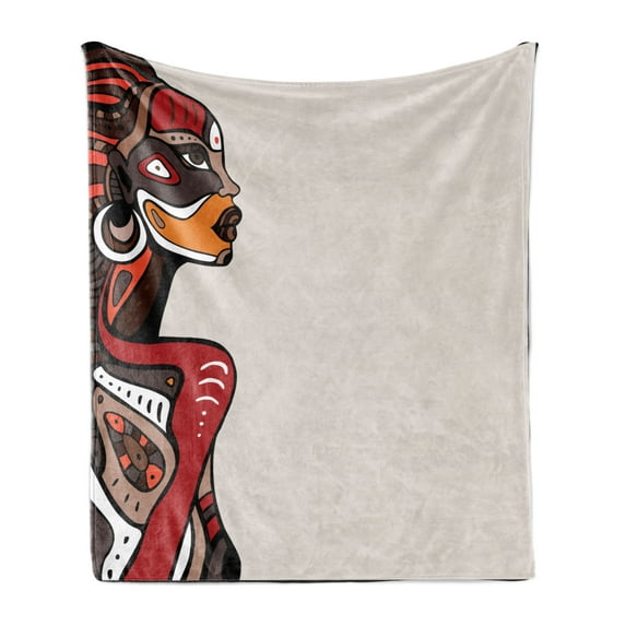 African Soft Flannel Fleece Throw Blanket, Profile of Beauty Totem Ethno Fashion Girl with Tattoos Illustration, Cozy Plush for Indoor and Outdoor Use, 60" x 80", Multicolor, by Ambesonne