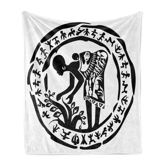 African Soft Flannel Fleece Throw Blanket, Round Ring Shaped Frame with Woman Agriculture Prehistoric Art, Cozy Plush for Indoor and Outdoor Use, 70" x 90", Black and White, by Ambesonne